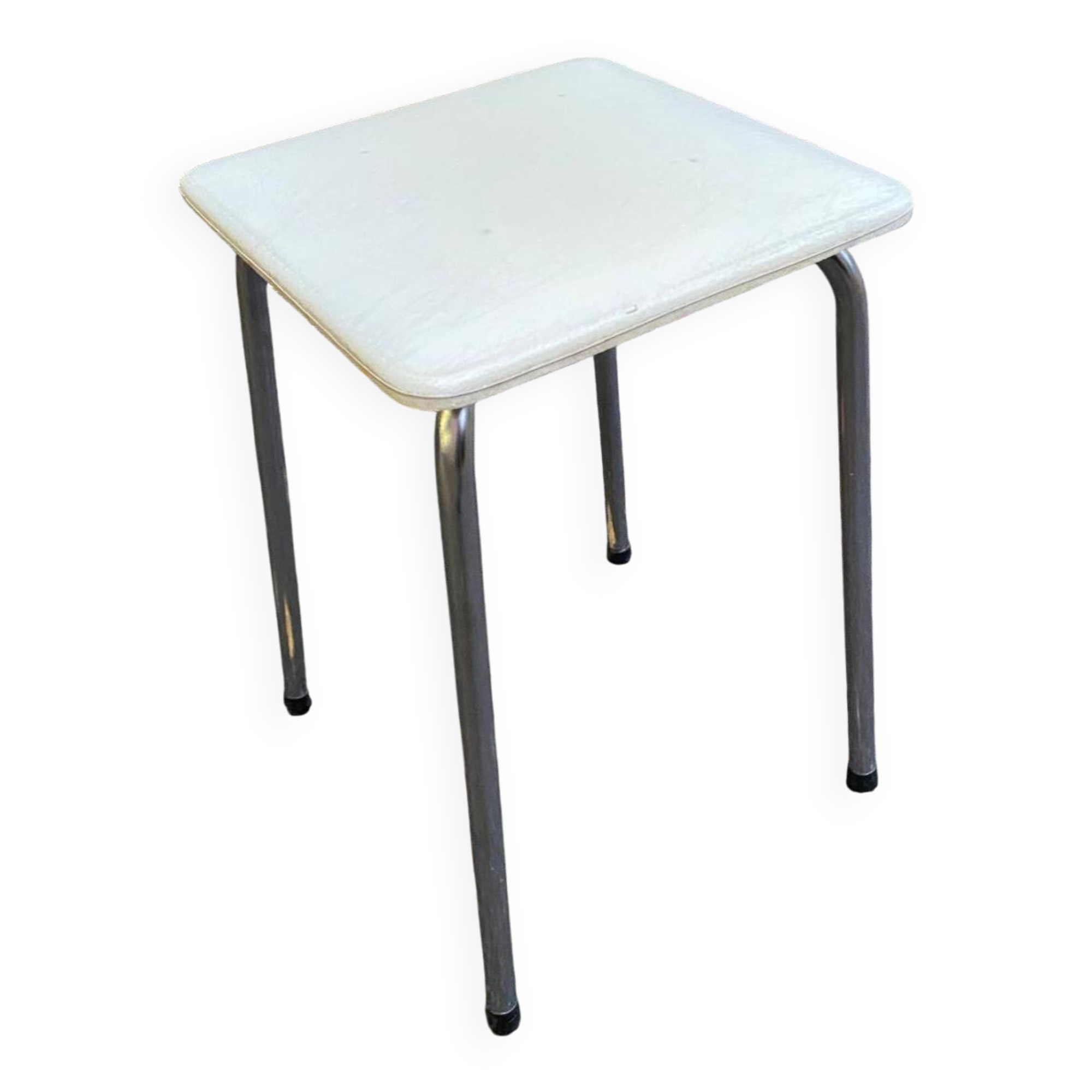 Vintage square stool in steel and white leather