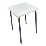 Vintage square stool in steel and white leather