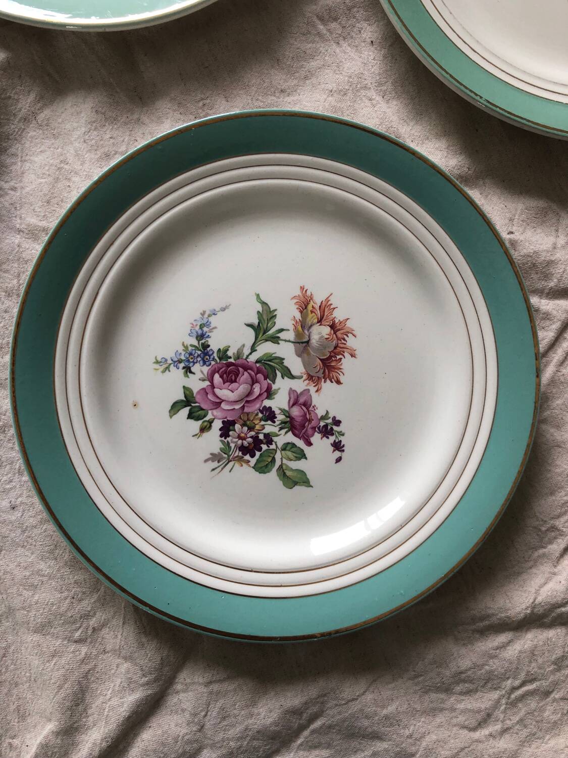 6 assiettes plates Ceranord Saint Amand Beaugency fleurs bords dorés et vert menthe