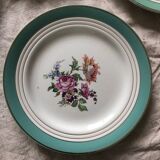 6 assiettes plates Ceranord Saint Amand Beaugency fleurs bords dorés et vert menthe