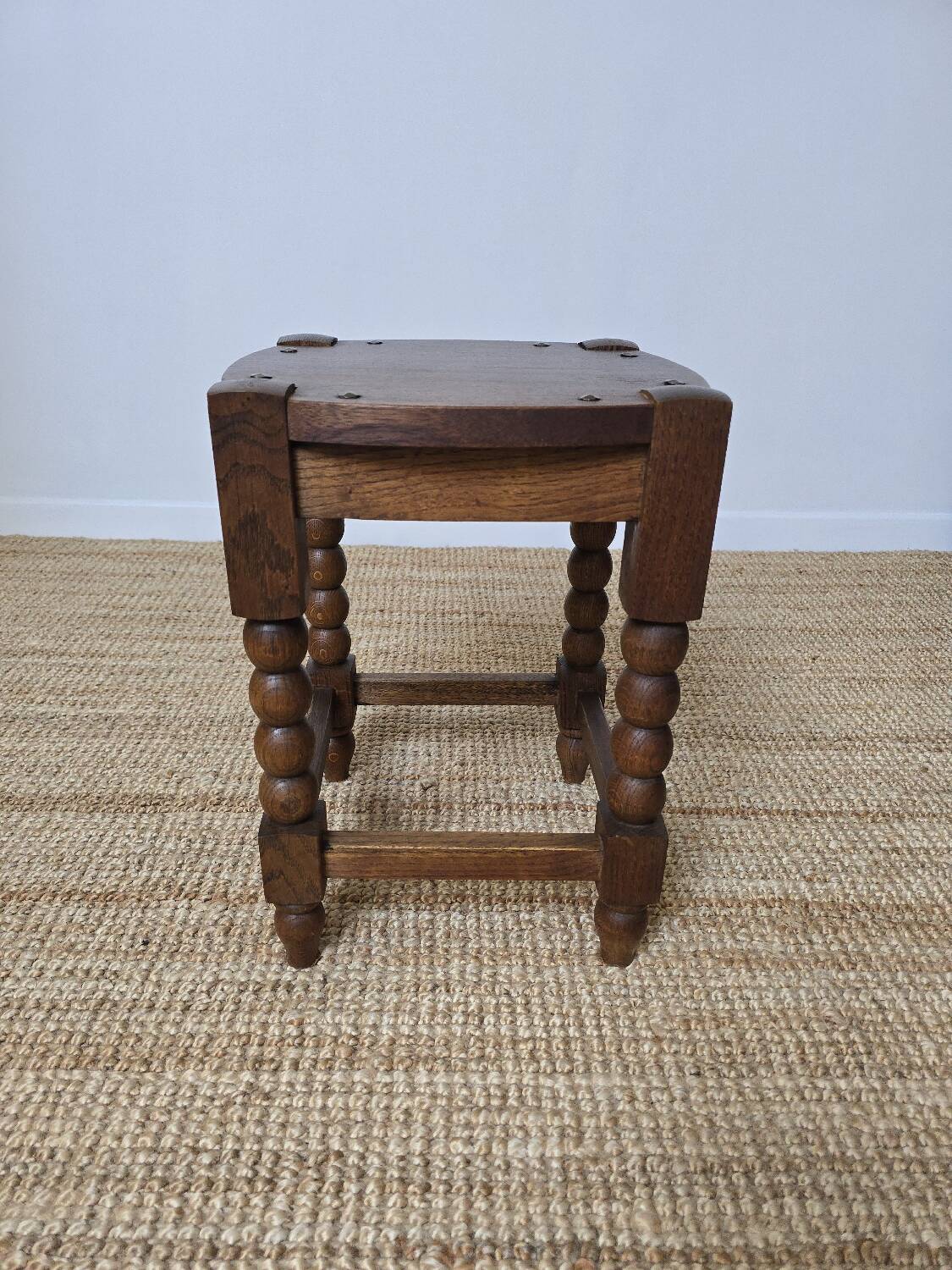 Pair of brutalist stools in turned wood, Charles Dudouyt style, 1950s