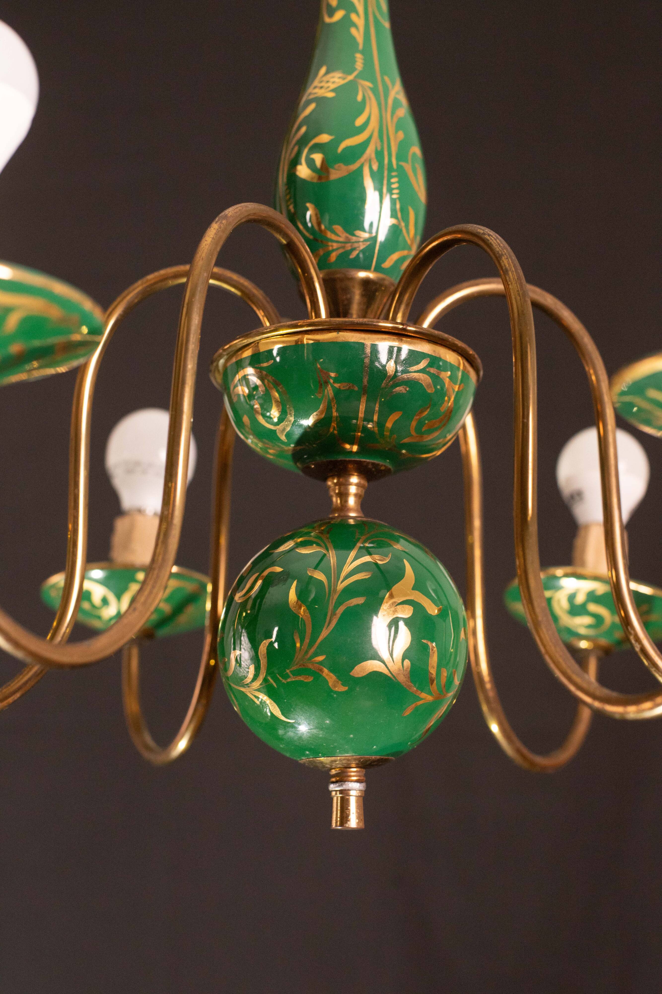 Art Deco Brass and Painted Terracotta Chandelier, 1950s