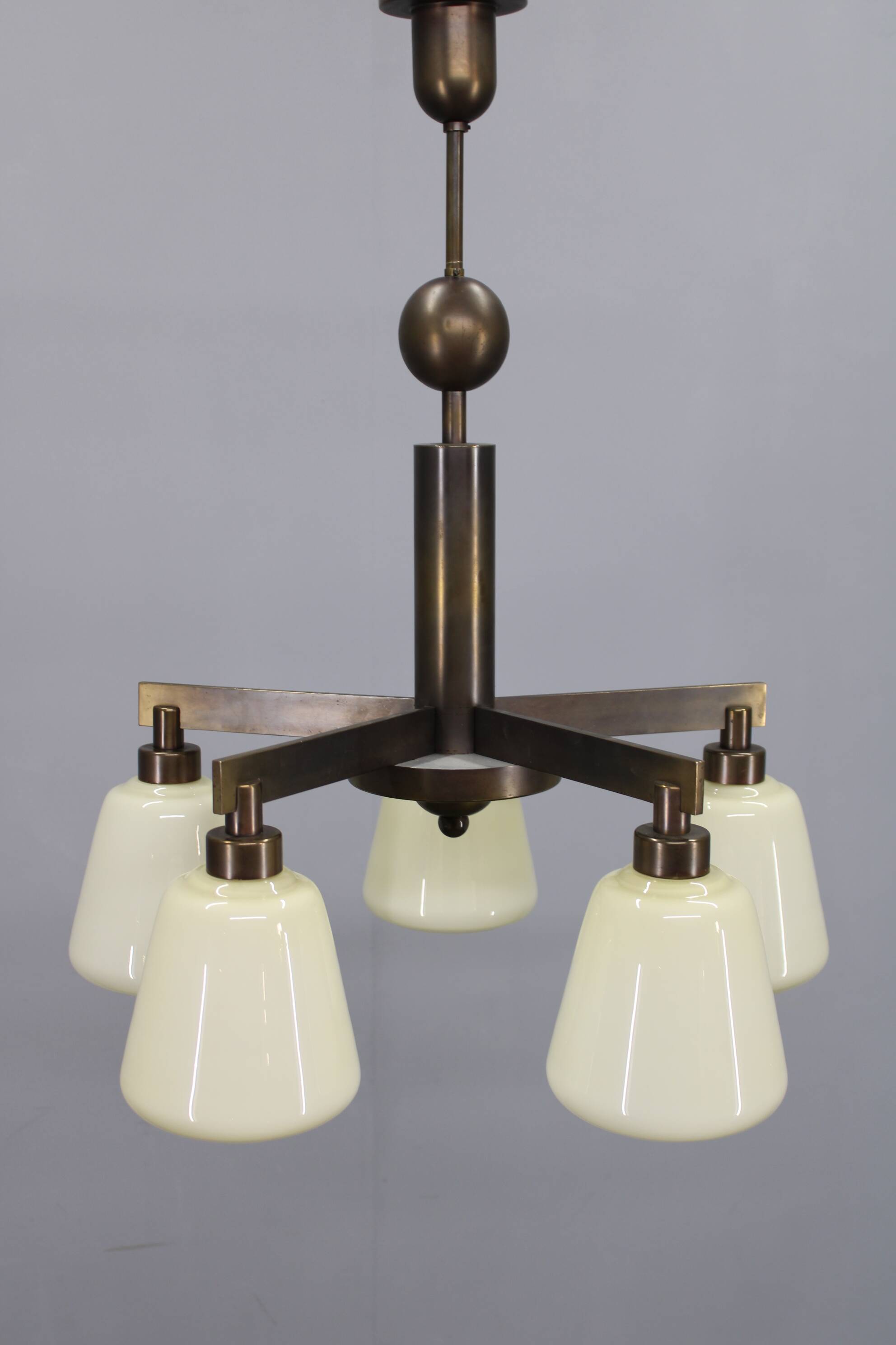 1930s Art Deco Brass Chandelier, Czechoslovakia
