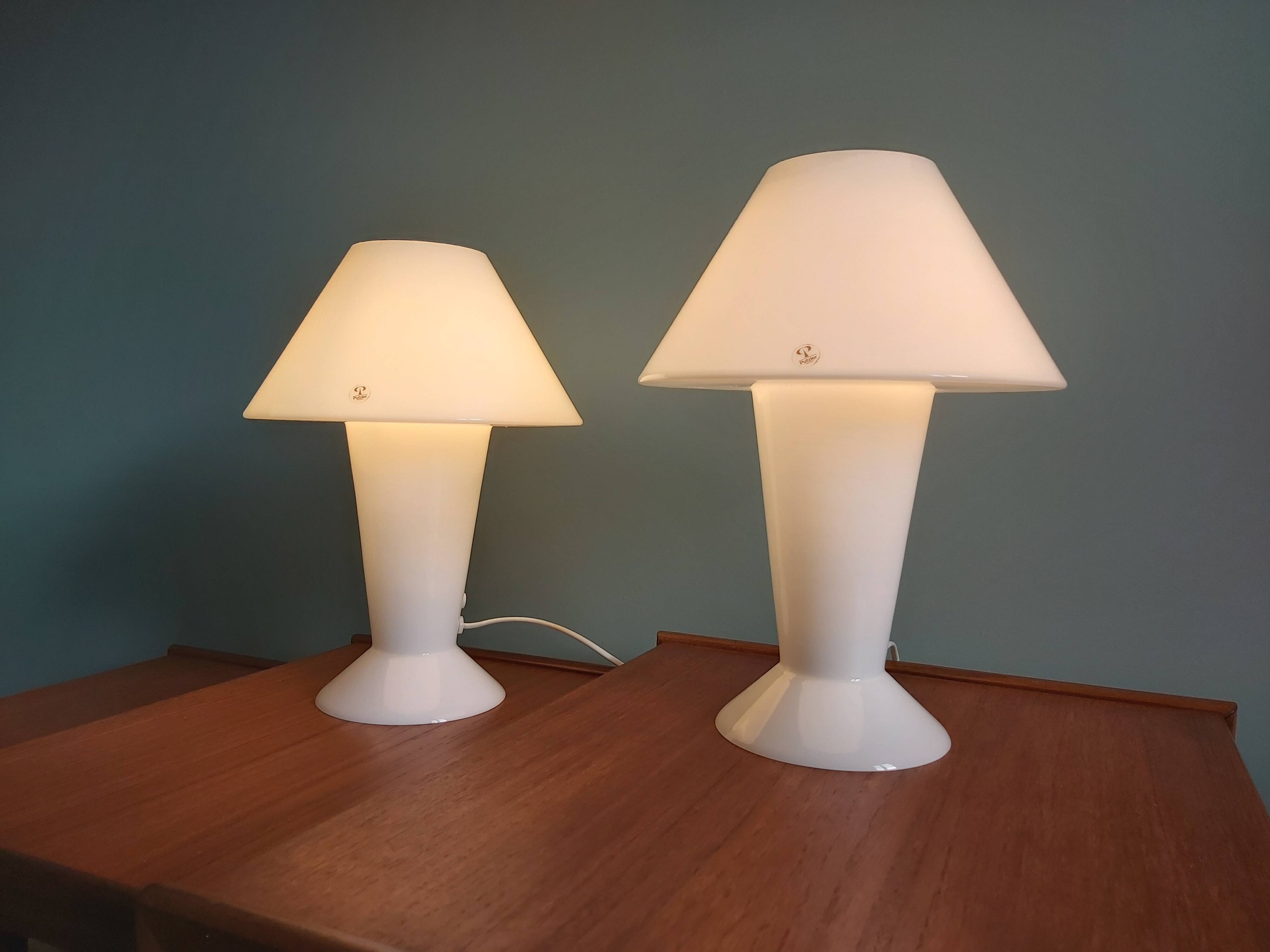 Pair of Peill & Putzler mushroom lamps in white opaline