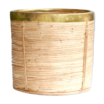 Cache pot ou corbeille à papier en rotin et laiton, années 50