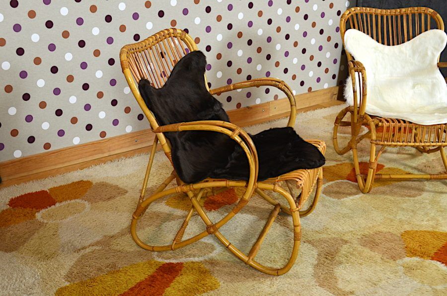 Pair of armchairs vintage rattan with skins