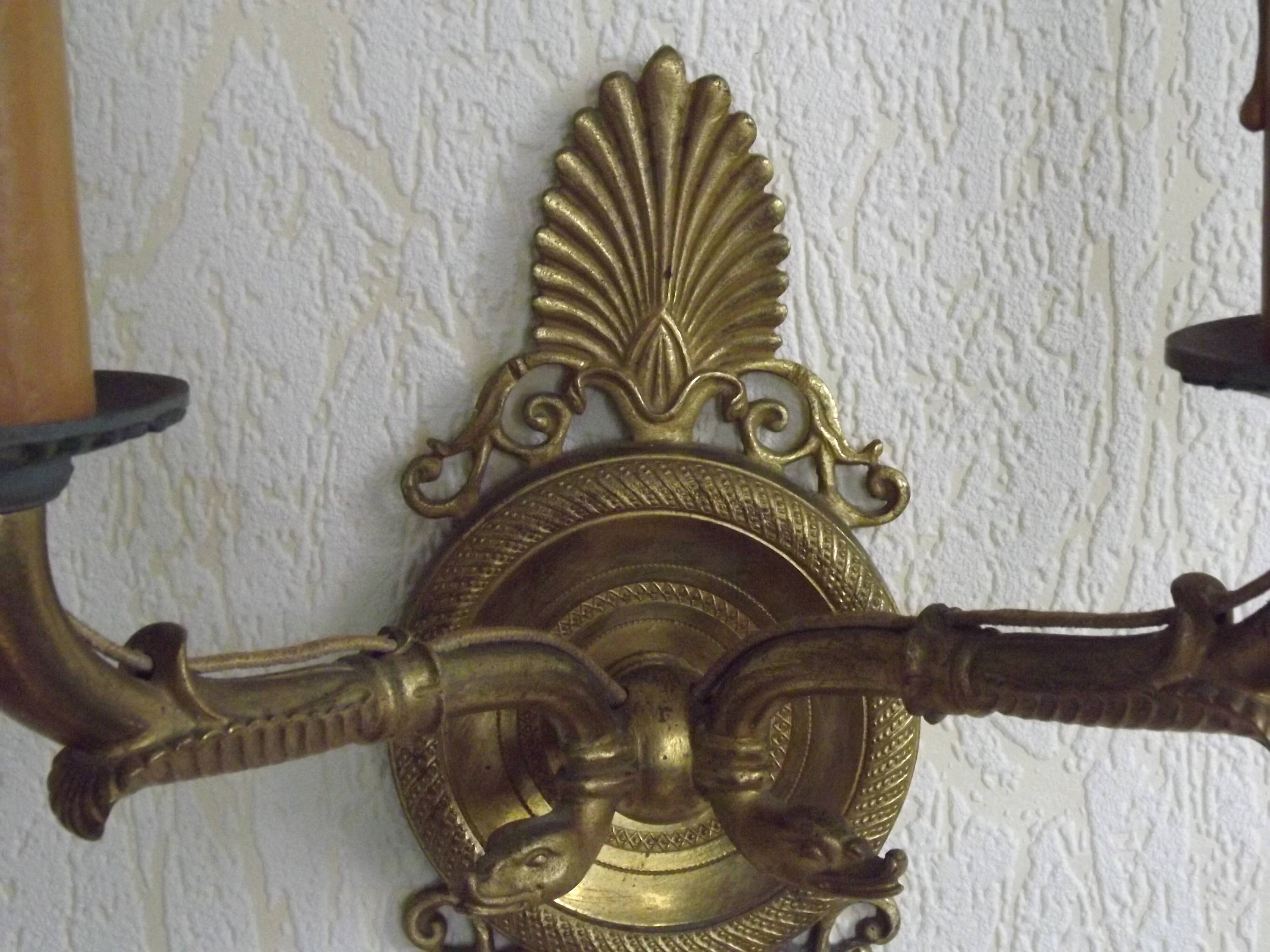 French Antique Bronze Empire Double Wall Sconce with Fan & Swan Detail 5239