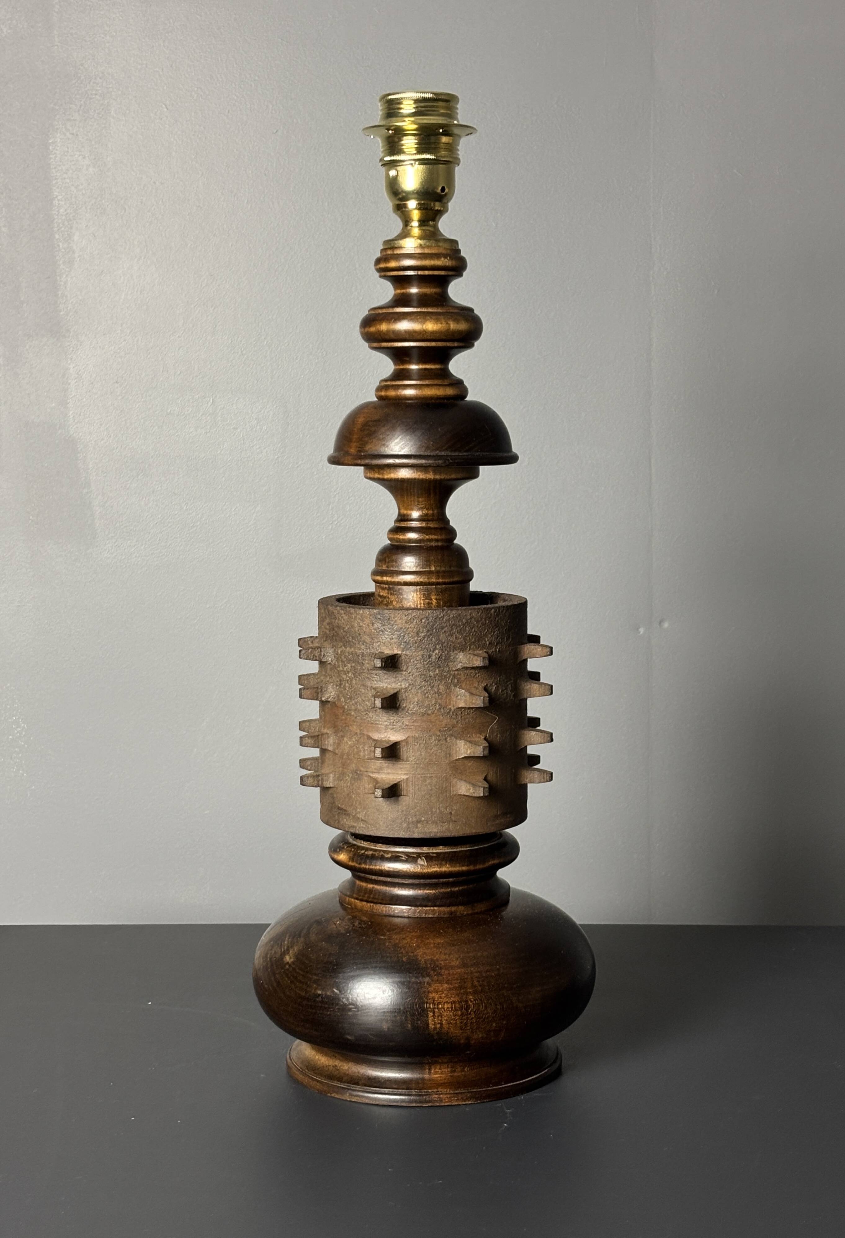 Brutalist wood turned and cast iron large table lamp, 1960s