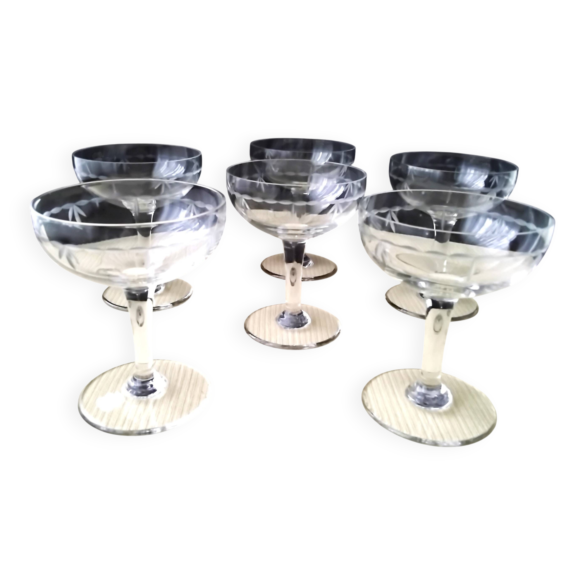 6 Vintage Ground Glass Champagne Glasses
