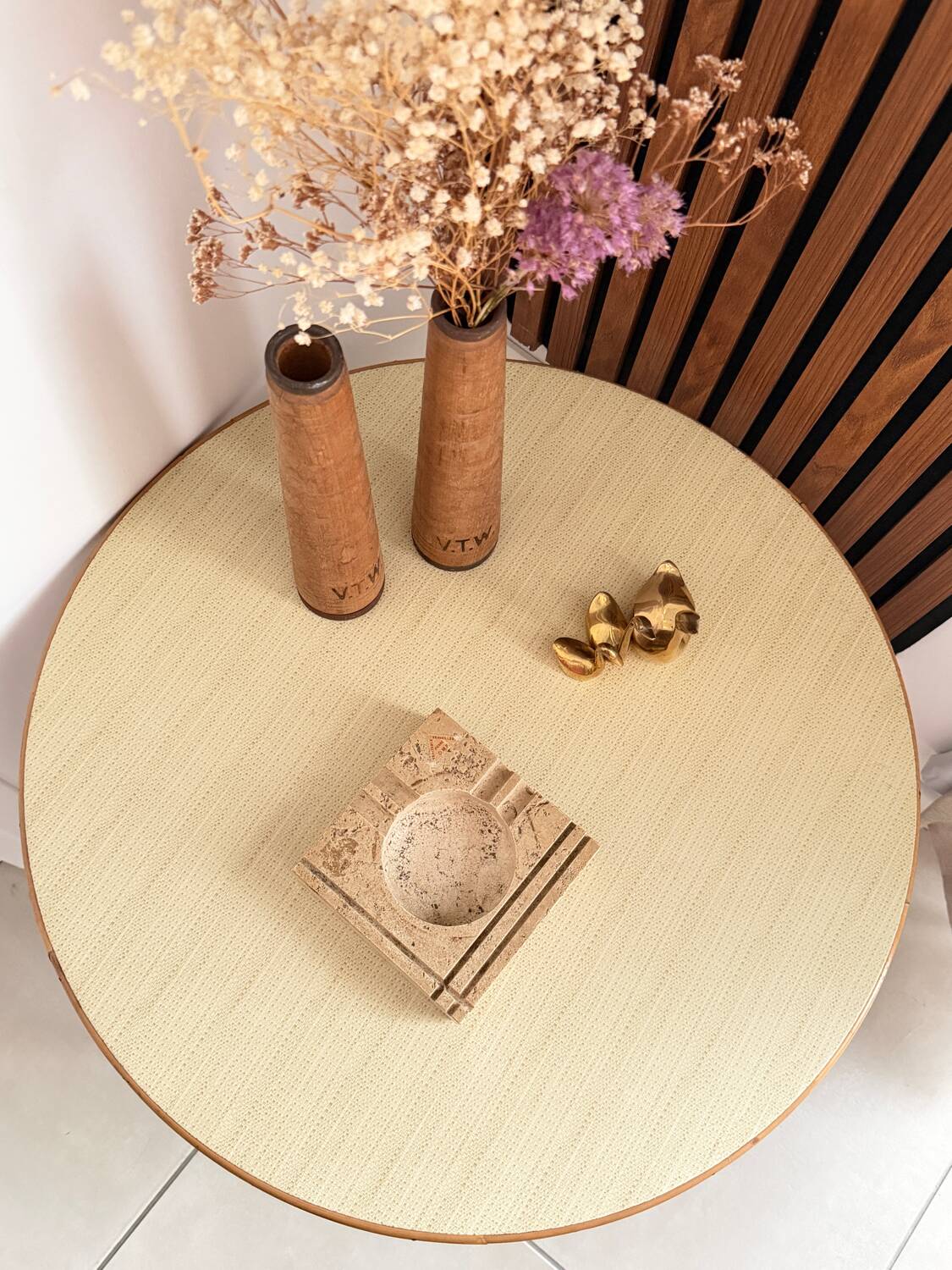 Vintage round tripod side table in rattan