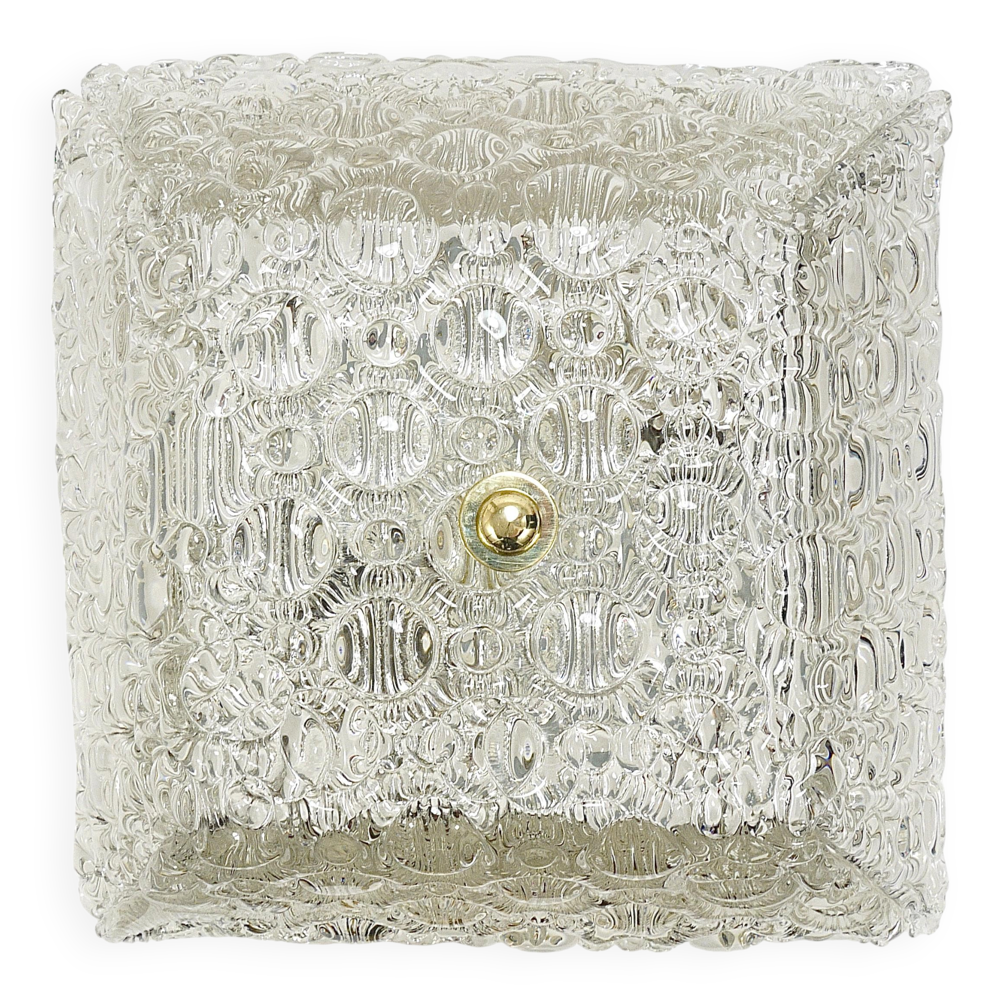 J.T. Kalmar Square Applique Ceiling Light in Brass and Textured Glass, 1950s