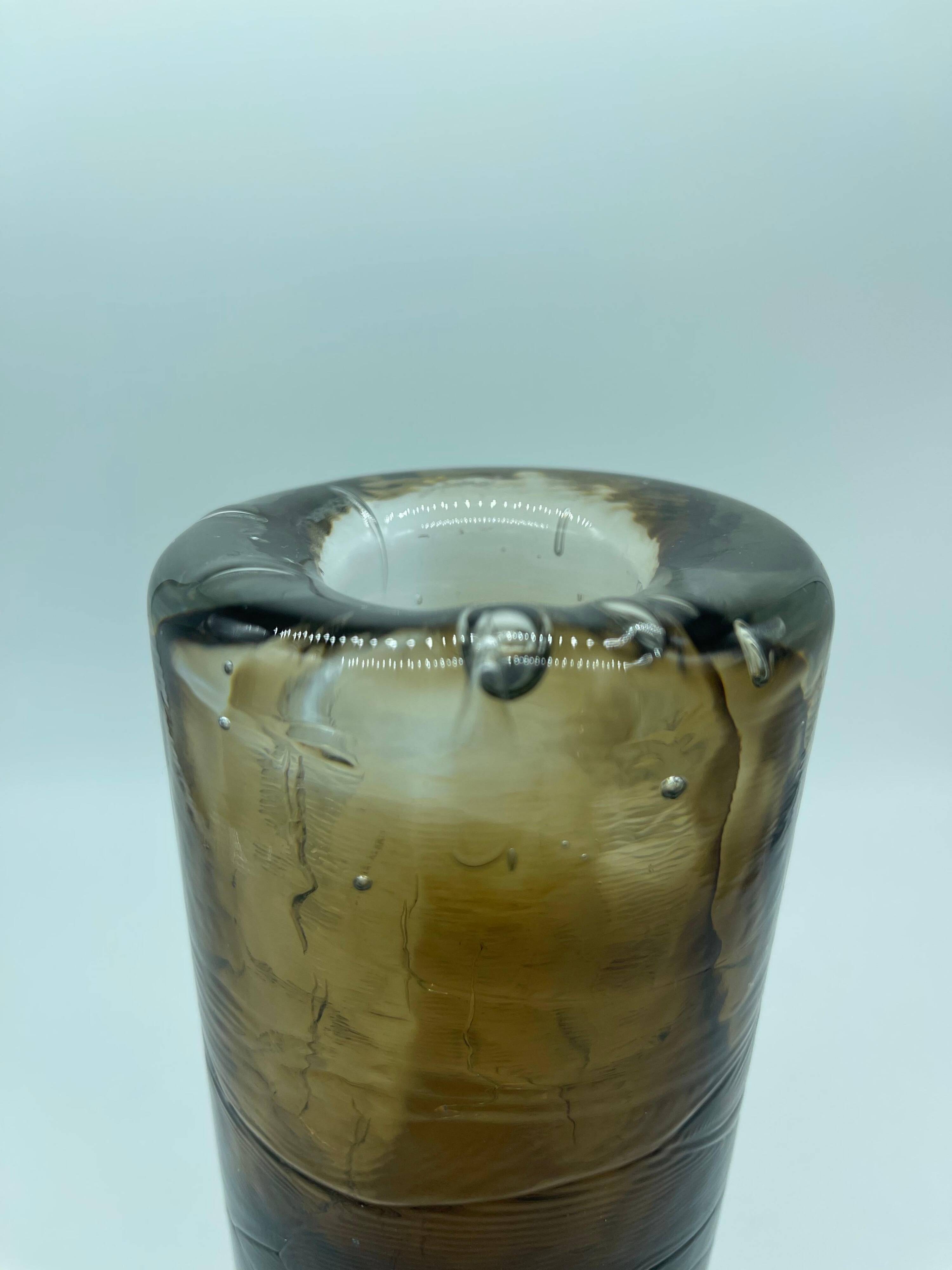 Decorative Glass cylinder Vase, Amber shades and bubbles, 1970s