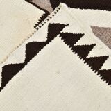 Tapis runner kilim vintage beige marron, motifs géométriques 388x101cm