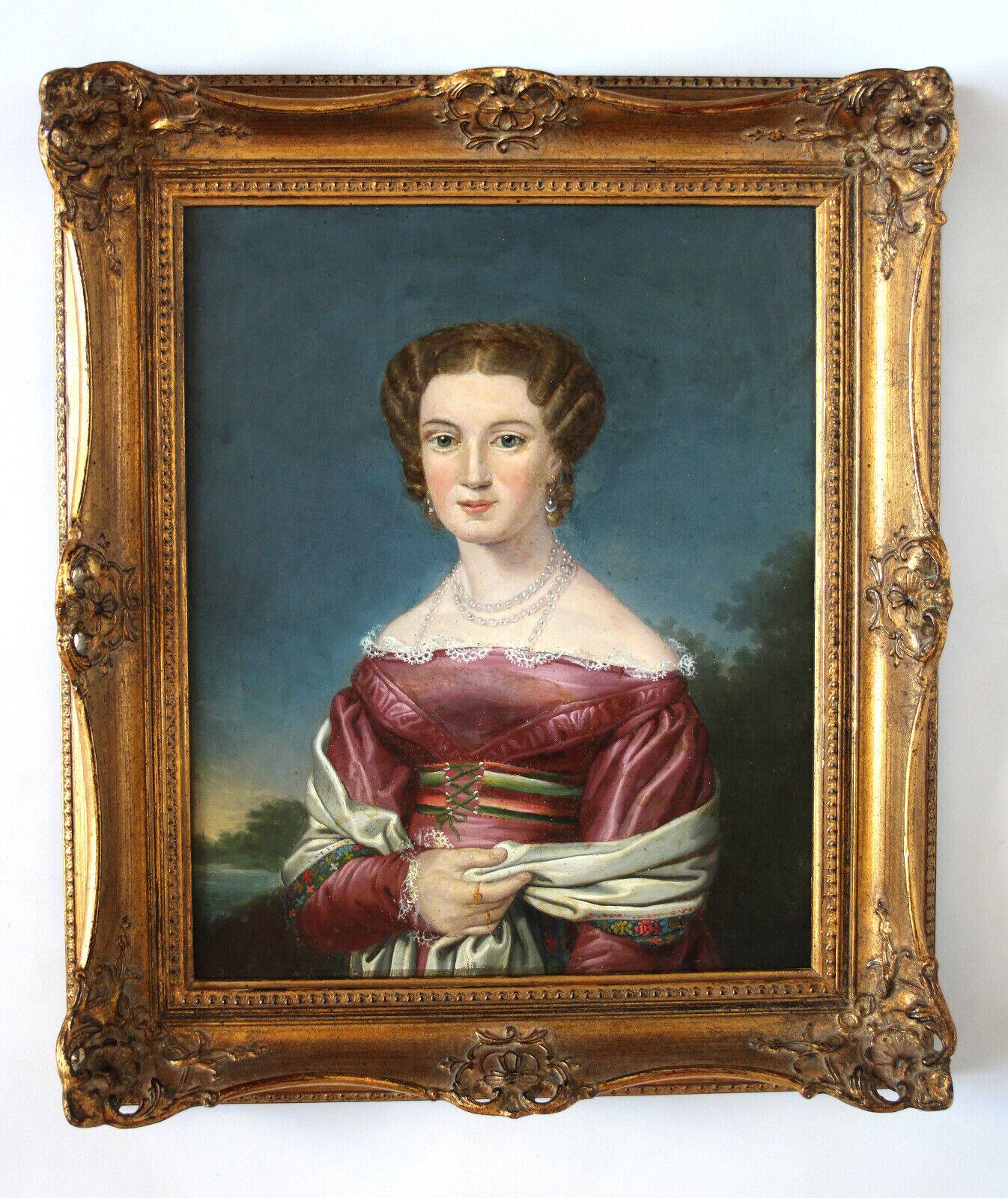 Elegant 19th-Century Portrait of a Lady – Oil on Canvas, Gilded Frame