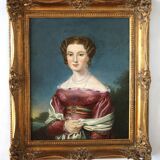 Élégant portrait de dame du XIXe siècle – Huile sur toile, cadre doré