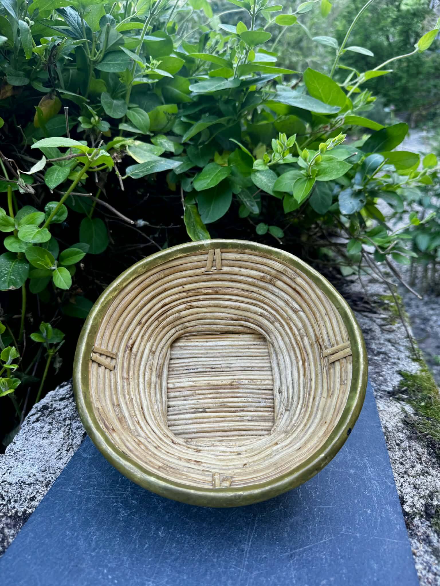 Large wicker and brass fruit bowl by Gabriella Crespi from the 1960s.