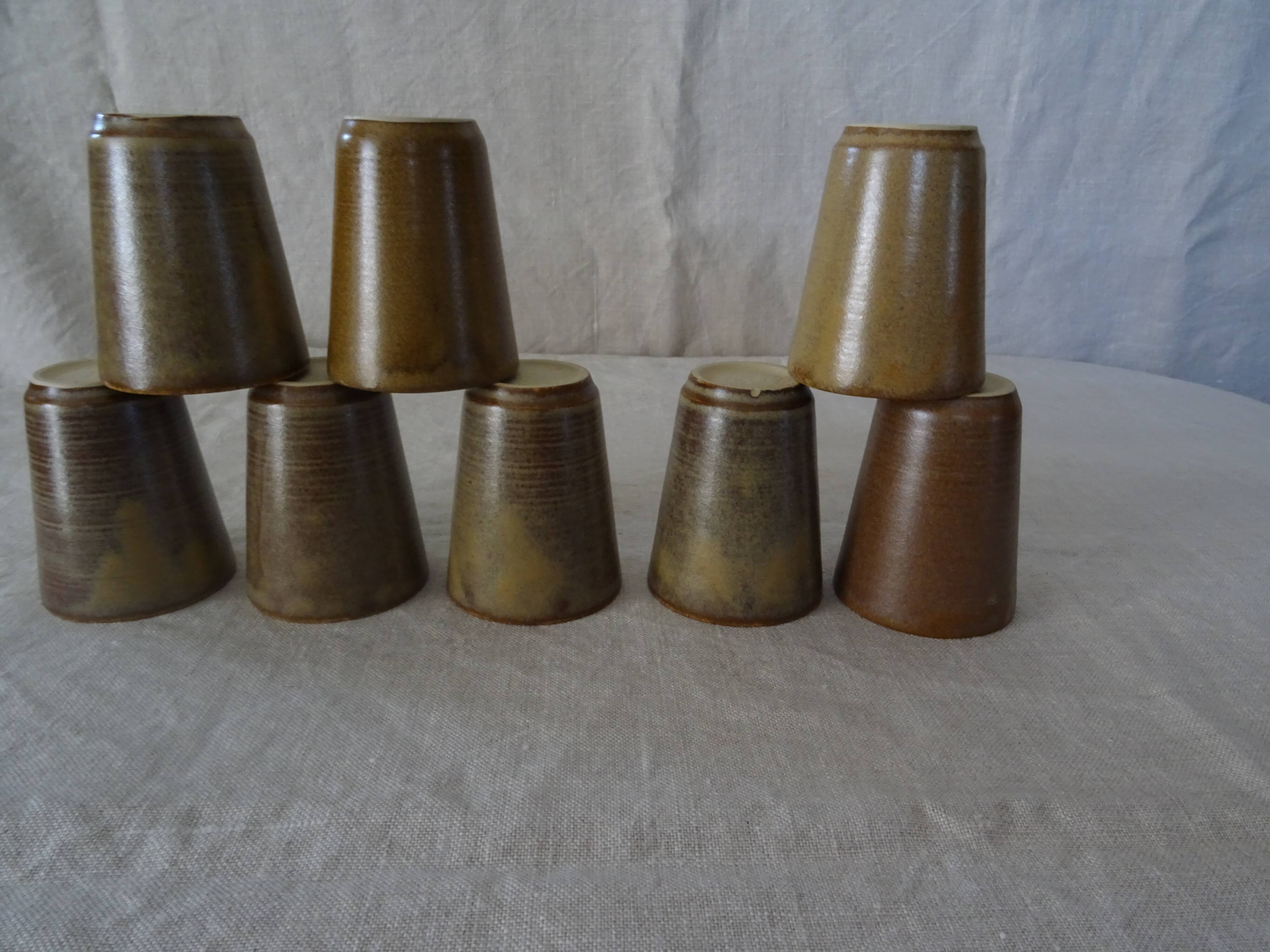 Lot 8 glasses sandstone cups stamped Digoin mug vintage cup