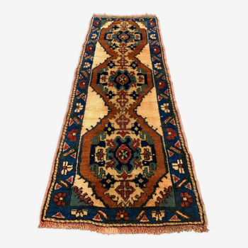 Vintage turkish runner 170x68 cm kazak rug, terracotta red, green, beige blue