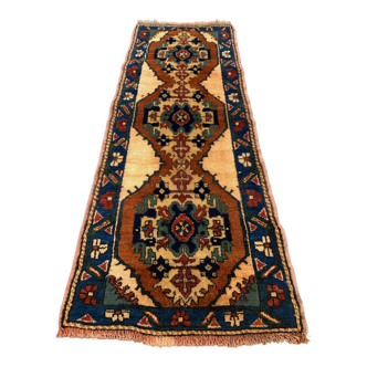 Vintage turkish runner 170x68 cm kazak rug, terracotta red, green, beige blue
