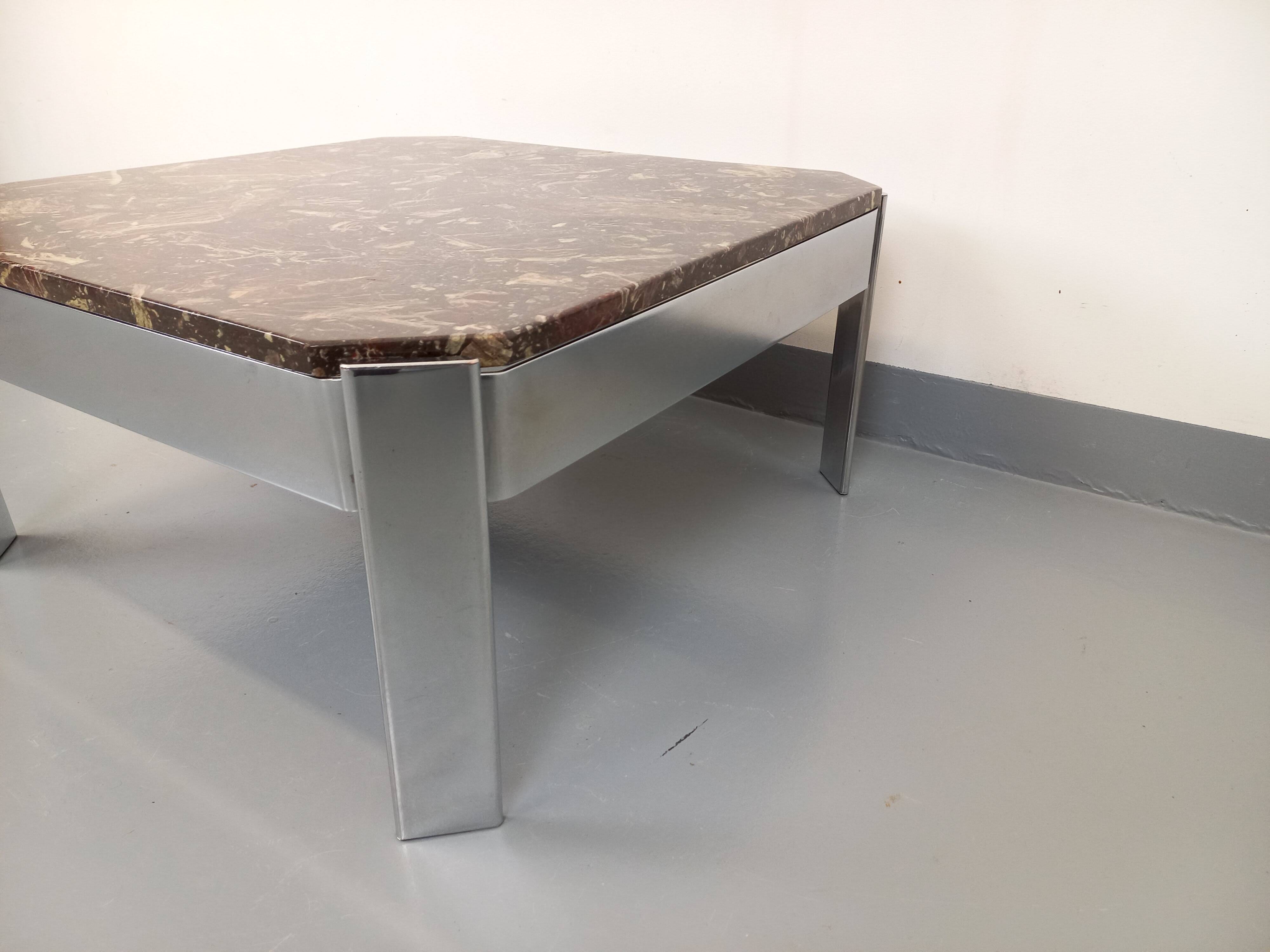 Vintage square coffee table in marble and chrome metal from the 70s