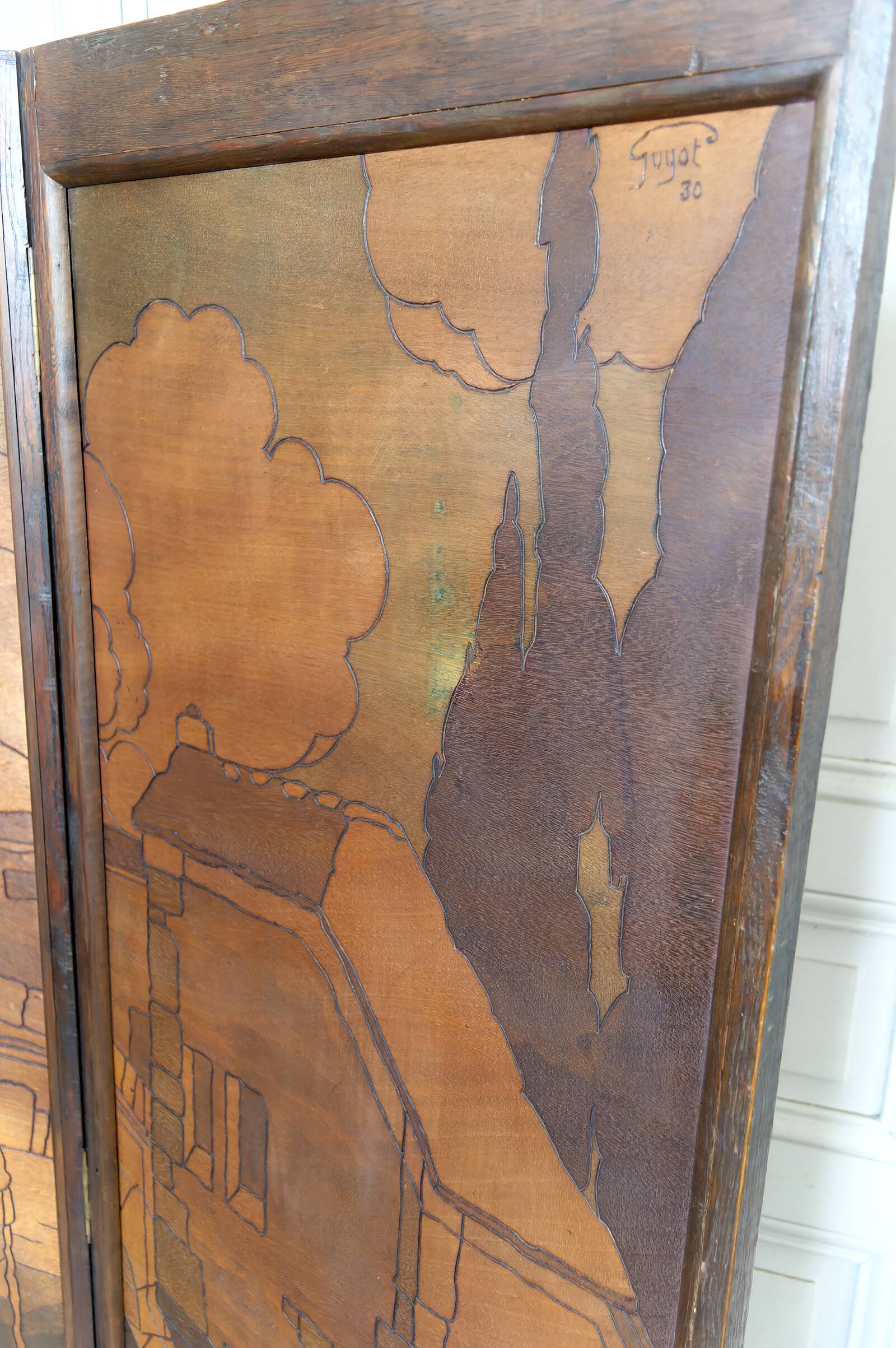 Pyrographed Screen, Mediterranean Medieval Town, Art Nouveau/Deco, 1930