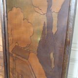 Pyrographed Screen, Mediterranean Medieval Town, Art Nouveau/Deco, 1930