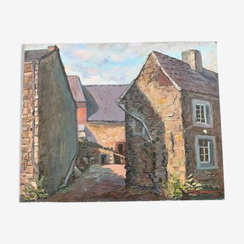 Peinture huile sur panneau "cour de ferme"