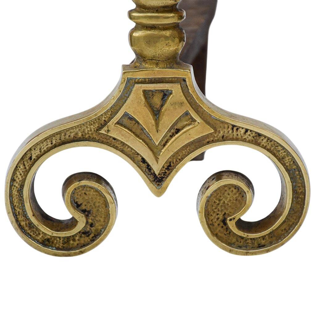 Gilded bronze andirons with rounded ball and patterns, antique fireplace accessory