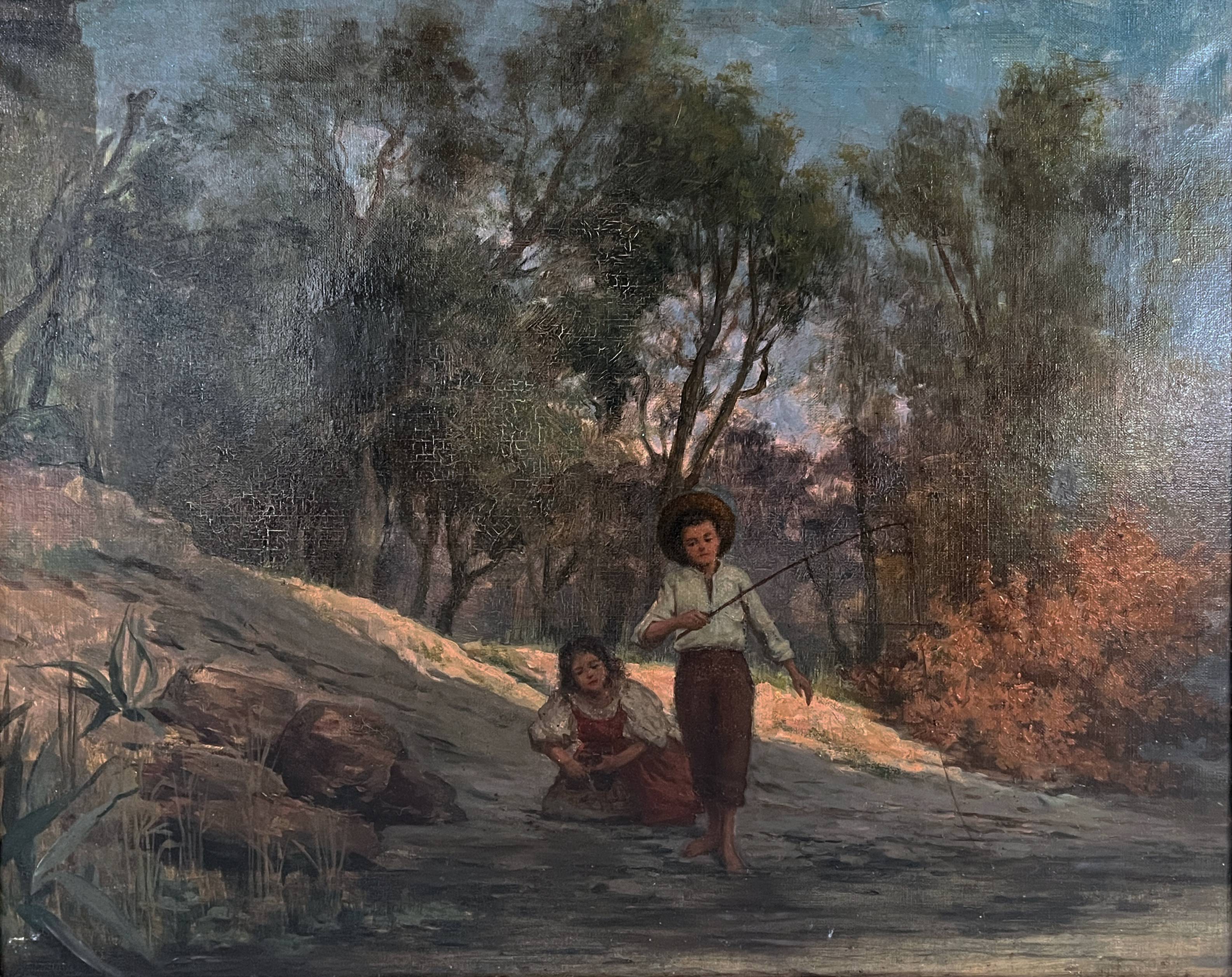 HST painting (19th/20th century) Children fishing in the undergrowth