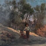 HST painting (19th/20th century) Children fishing in the undergrowth