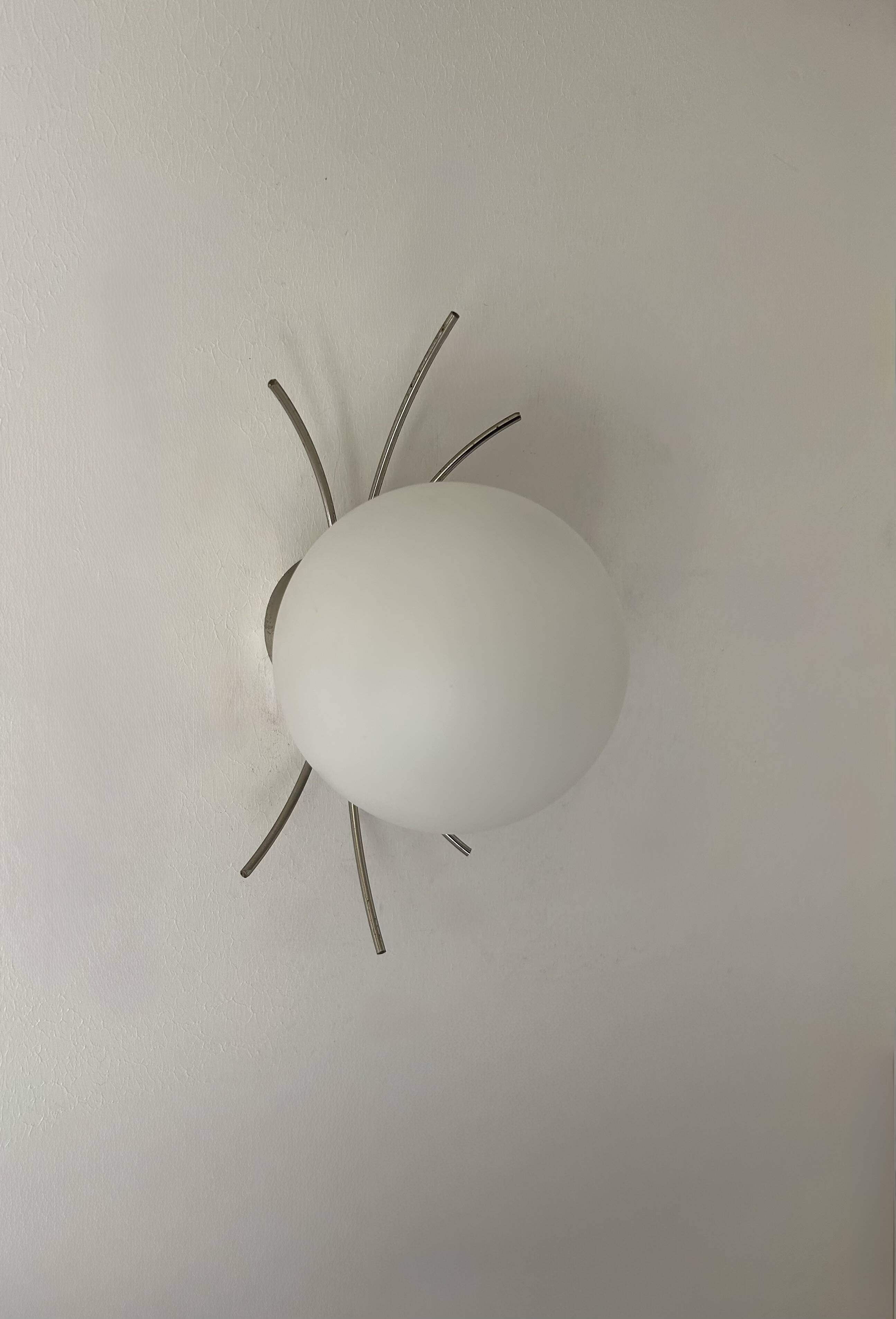 Pair of vintage wall lights, chrome and opaline, France, 1970