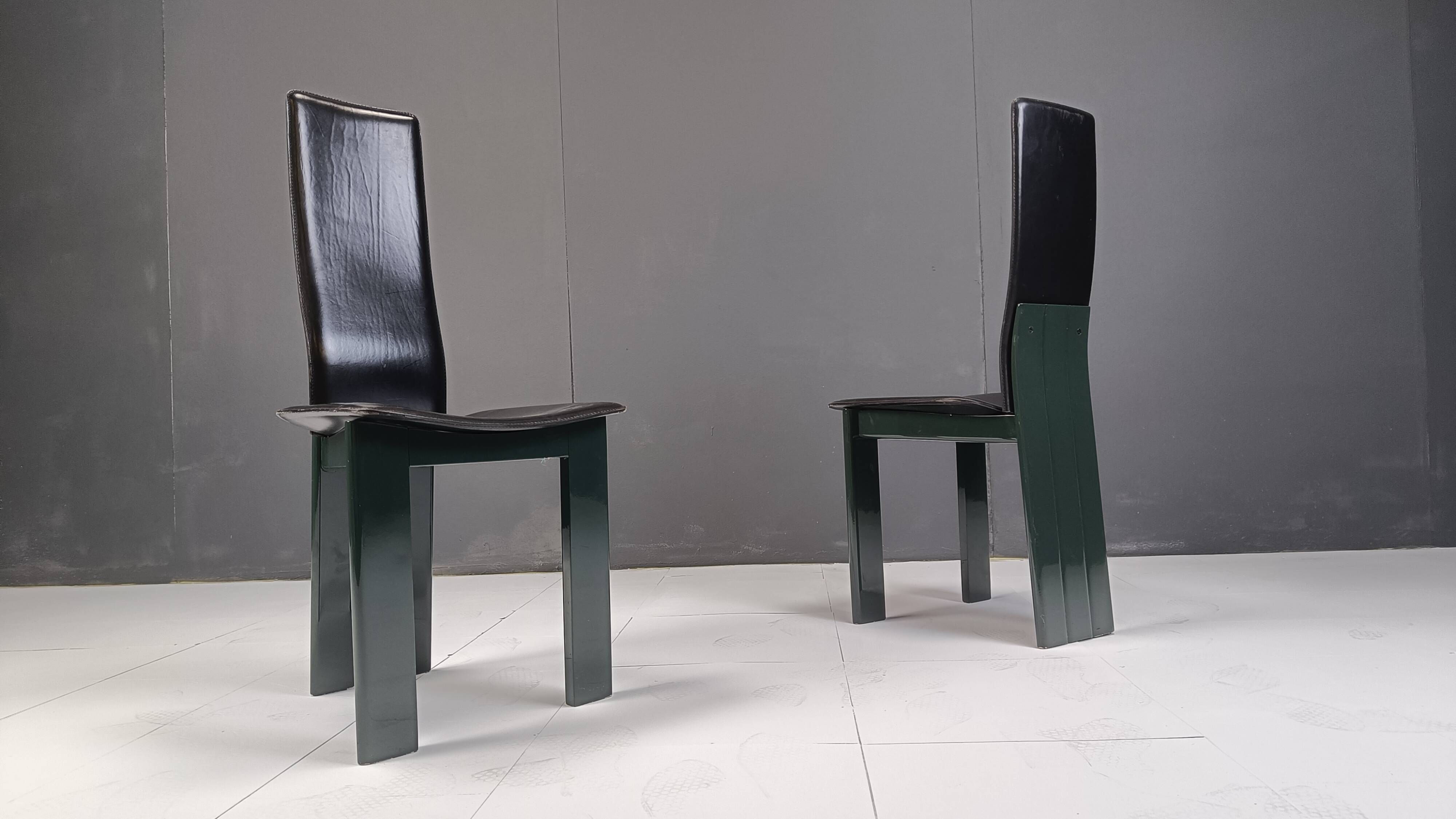 Set of 6 Italian leather and green lacquer dining chairs, 1980s