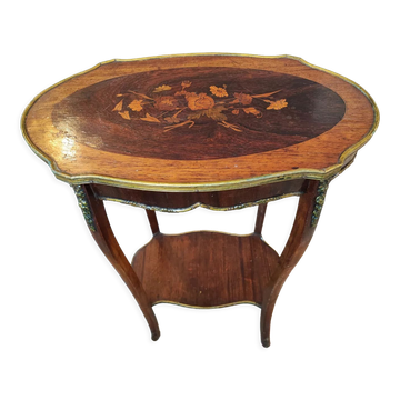 Transitional Louis XV Louis XVI style side table in walnut marquetry.