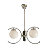 Chrome chandelier with 3 white glass spheres, 70s