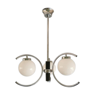Chrome chandelier with 3 white glass spheres, 70s