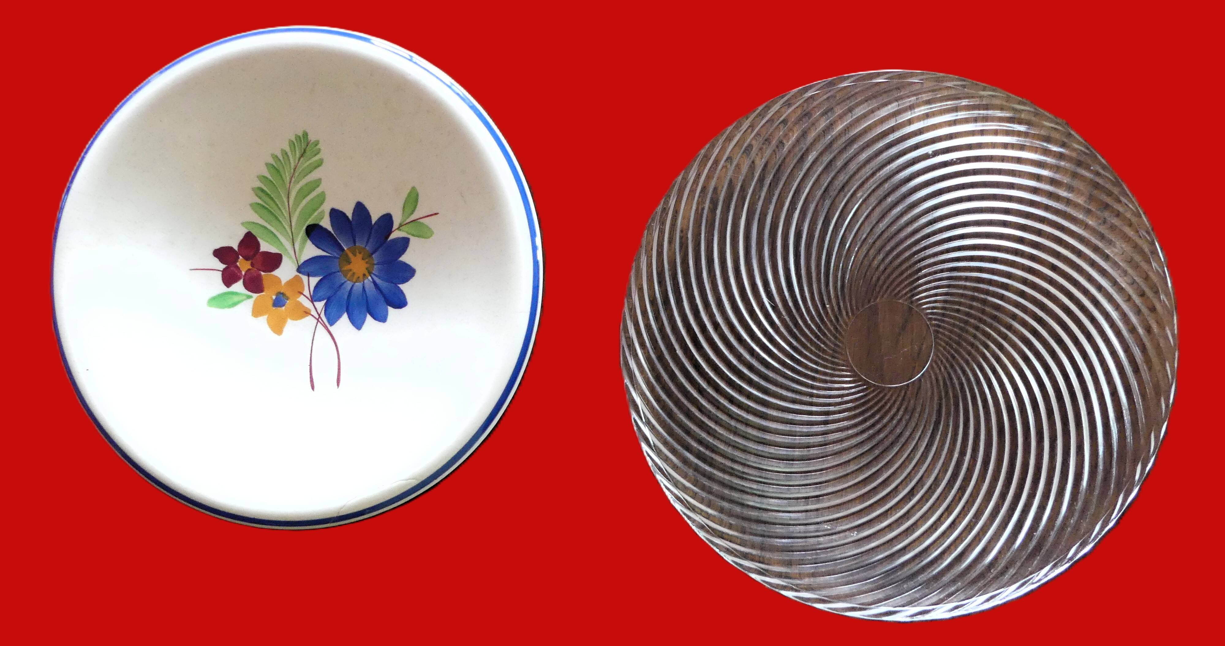 Set of 2 round serving dishes: Gien (Anthéor model) and Duralex.
