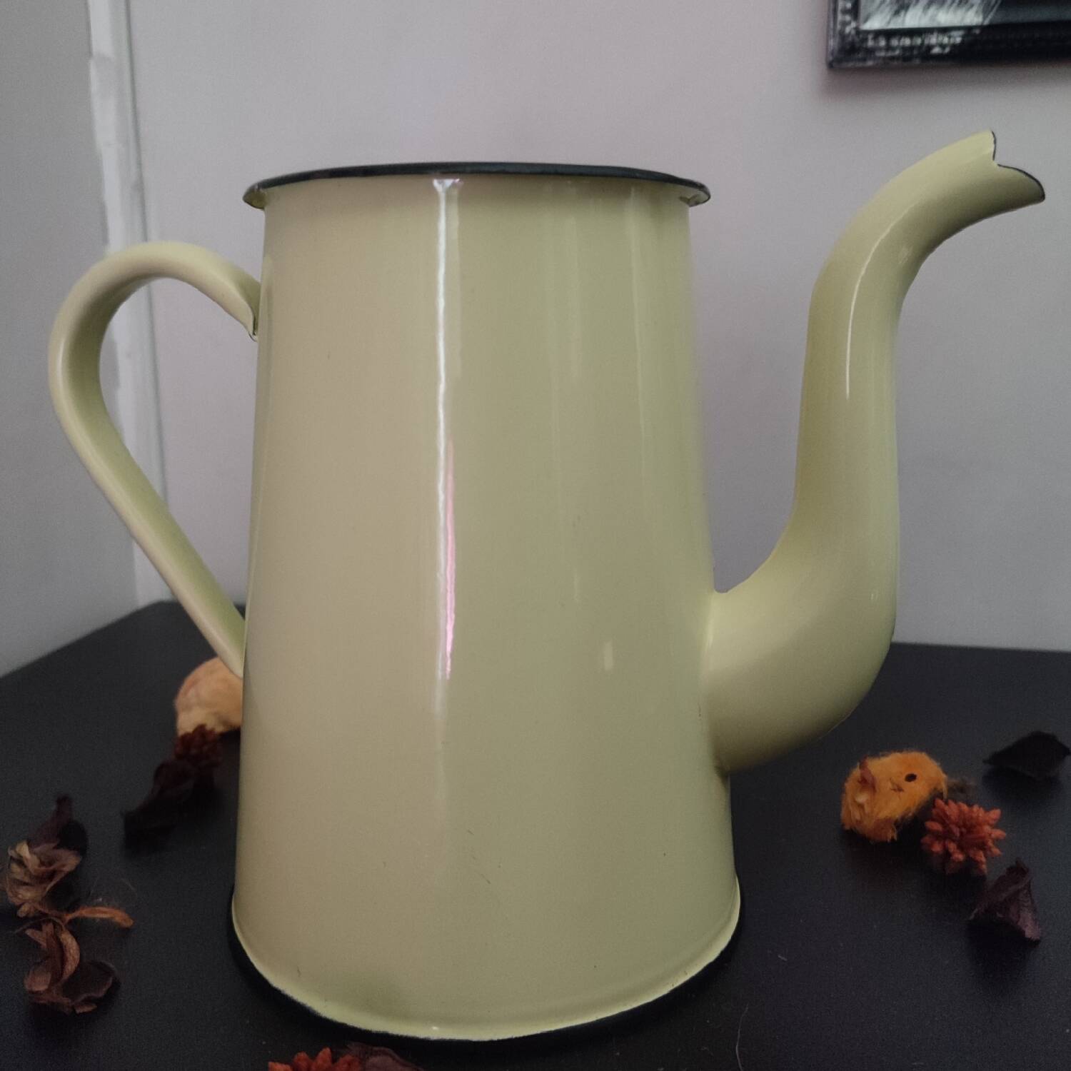 Vintage Yellow Enameled Sheet Metal Coffee Pot