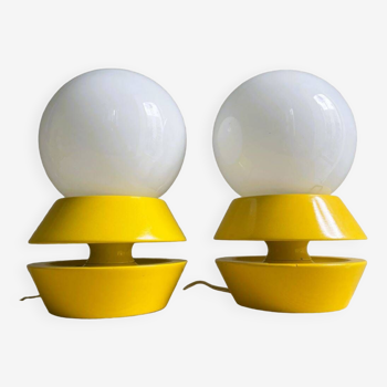 Yellow wooden mid century modern table lamps by Jomar, set of 2