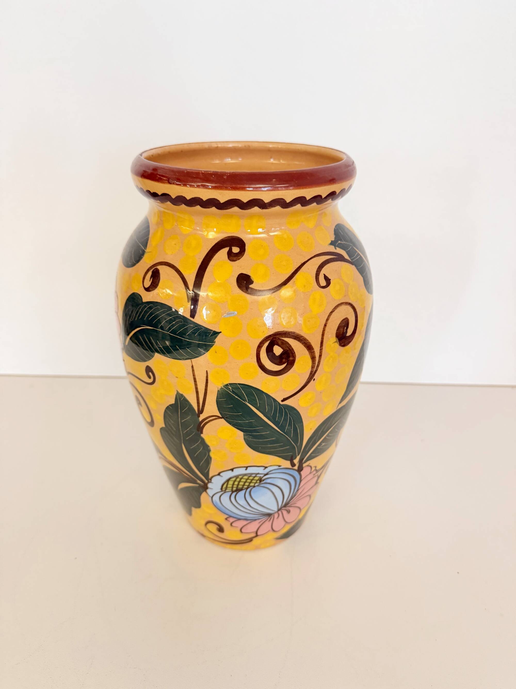 Art Deco Yellow Glazed Earthenware Vase with Futurist Floral Motifs, Italy