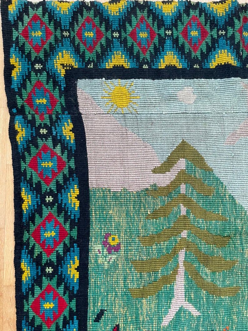Romanian vintage rug with deers, nature scenery