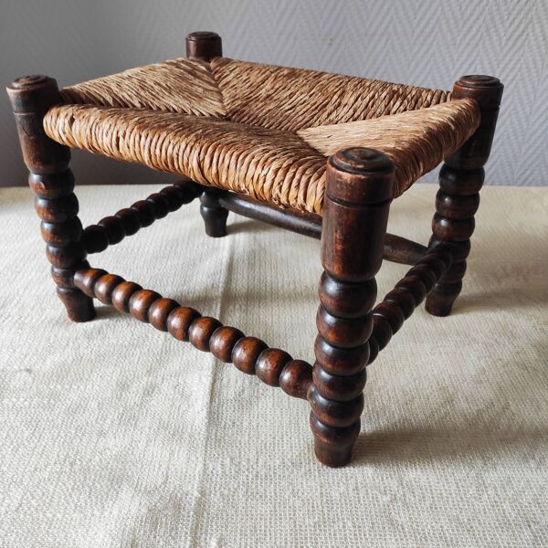Repose-pieds ancien en bois tourné bobine et paille