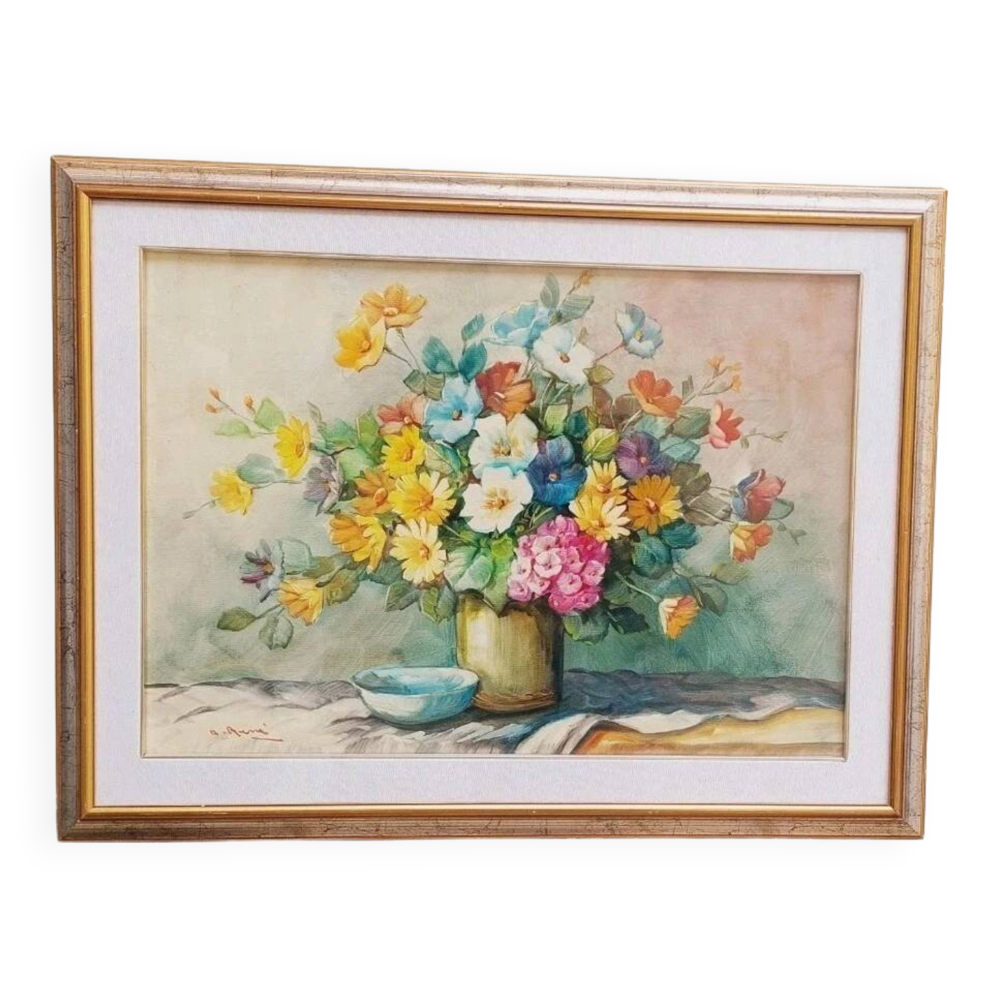 Oil painting on canvas Flowers - signed A. RENÉ 50x70 Cm 60s/70s