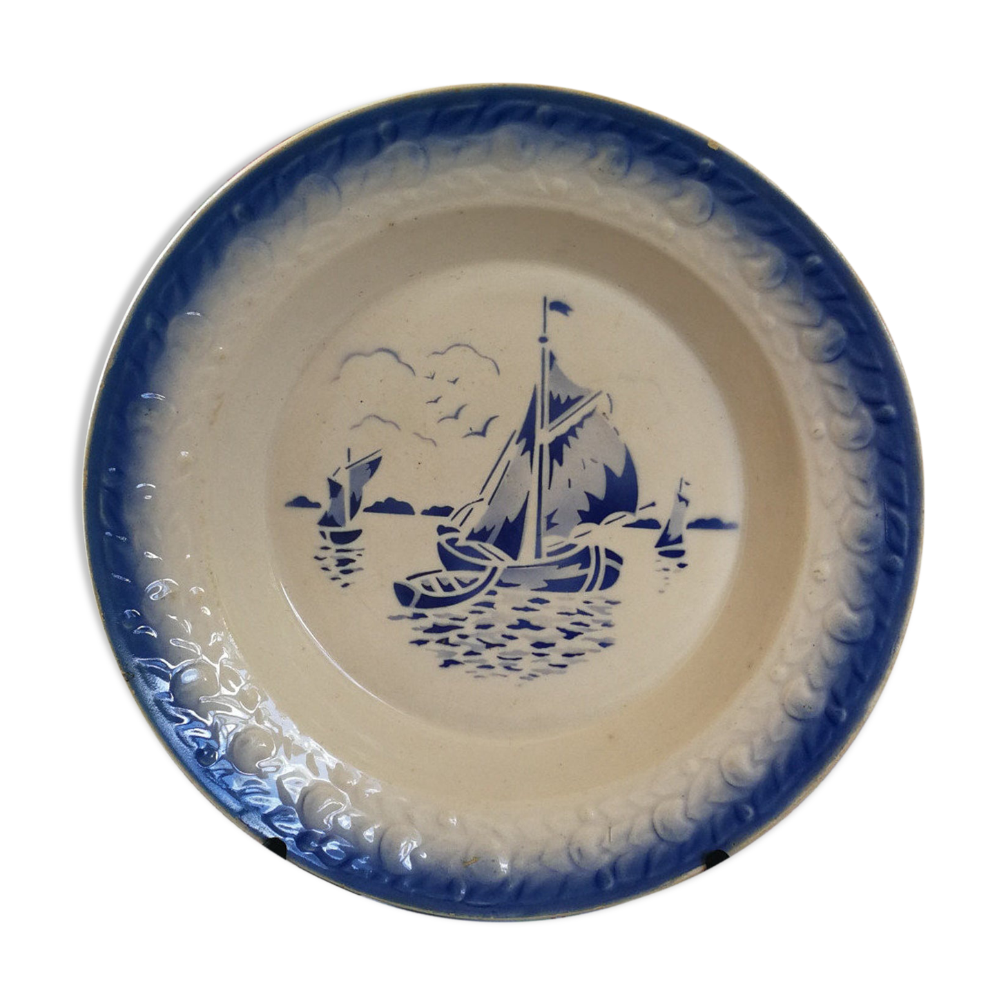 Grand Plat Creux Bleu Former Moulin des Loups St Amand - Marine boat decoration - stencil painted