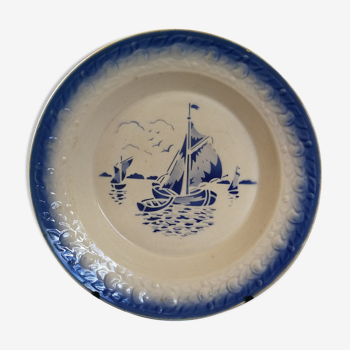 Grand Plat Creux Bleu Former Moulin des Loups St Amand - Marine boat decoration - stencil painted