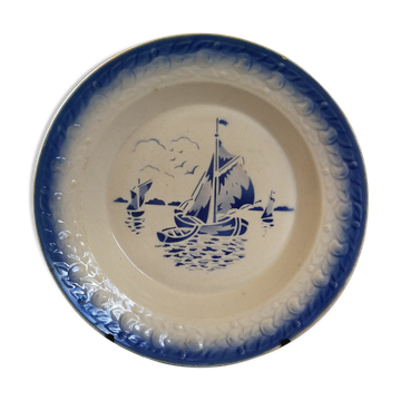 Grand Plat Creux Bleu Former Moulin des Loups St Amand - Marine boat decoration - stencil painted