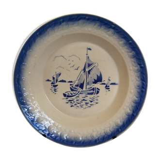 Grand Plat Creux Bleu Former Moulin des Loups St Amand - Marine boat decoration - stencil painted