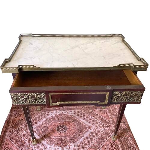 Living room table, Louis XVI style desk in wood, marble and brass