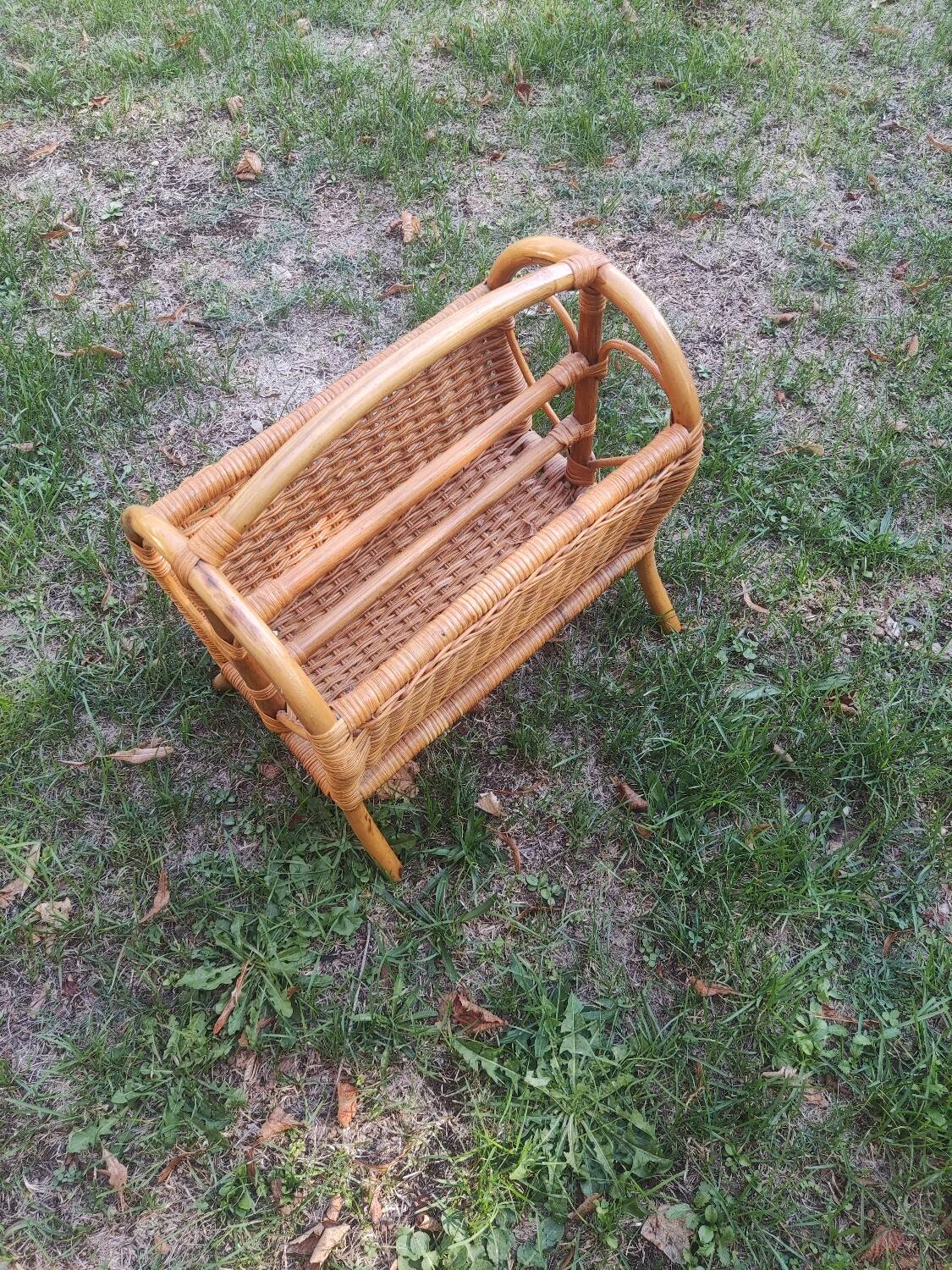 Rattan and wood magazine rack
