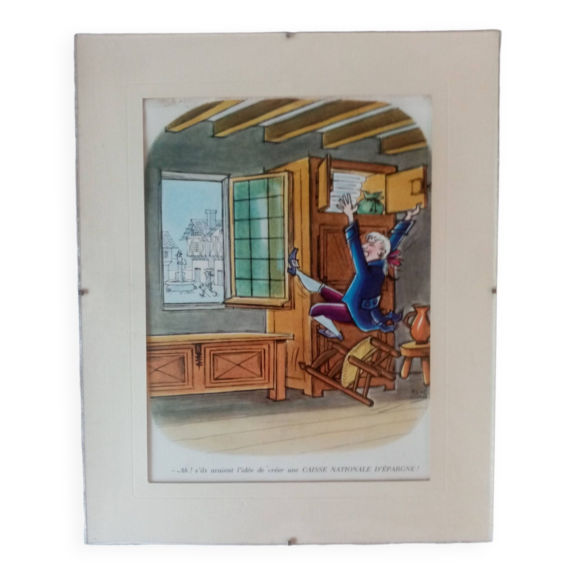 Superb and rare engraving by Rene Chag signed, theme=la poste