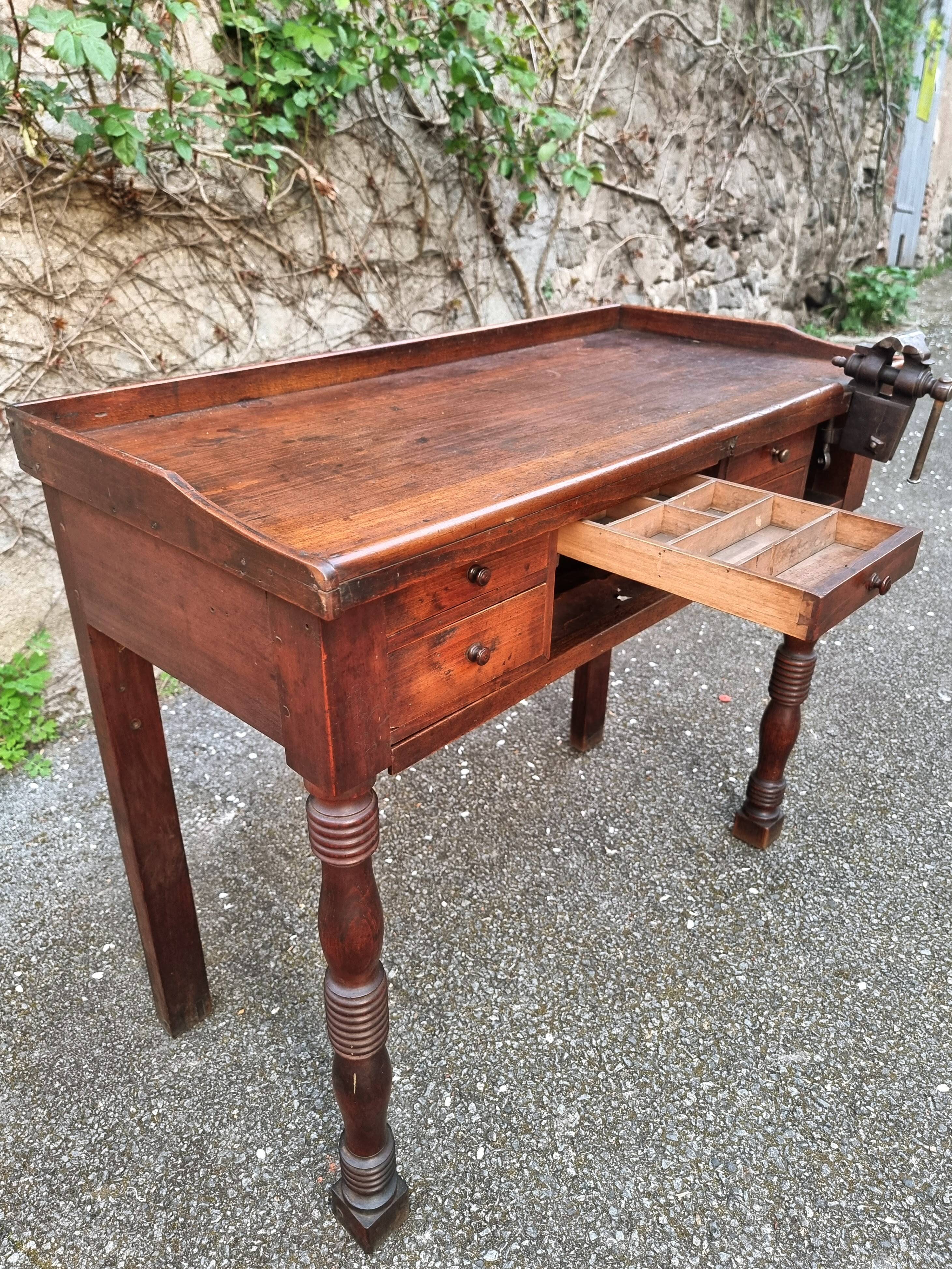 French antique watchmaker's bench – Table with drawers, vice, and original sliding leather surface – circa 1900